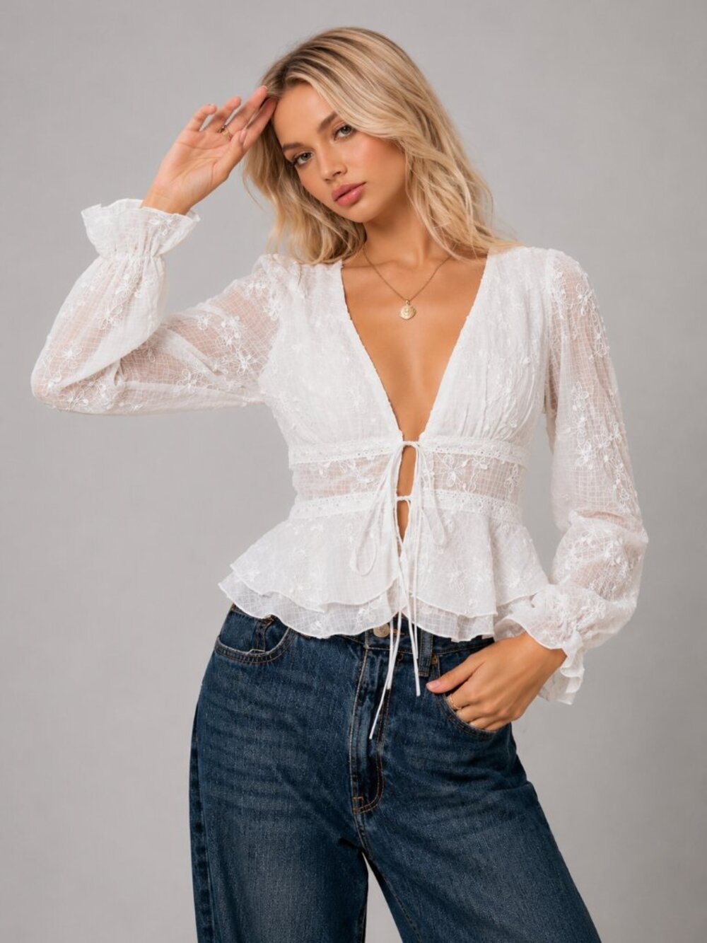 Women’s White Embroidered Lace Blouse Boho Peplum Long Sleeve V Neck Top - Picture 1 of 3